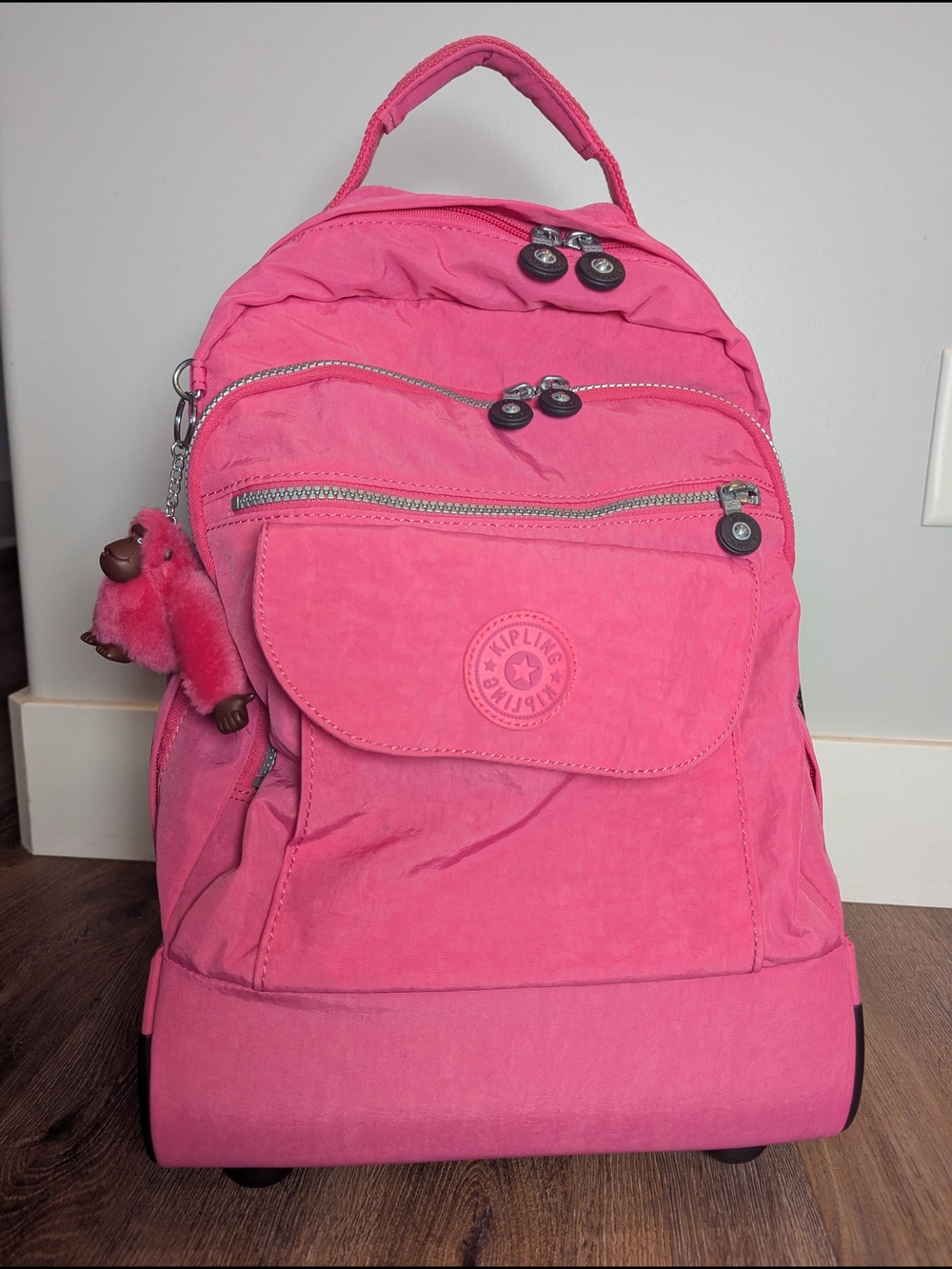 Kipling Rolling Backpack Wheeled Pink Nylon School Travel Trolley W/Monkey